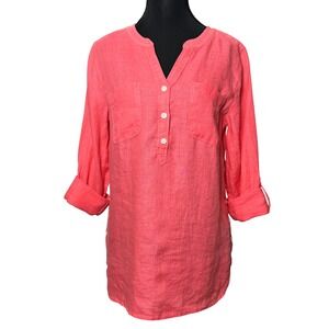 Talbots Women Coral Pink 100% Linen Roll Tab Pullover Tunic Blouse Small Spring